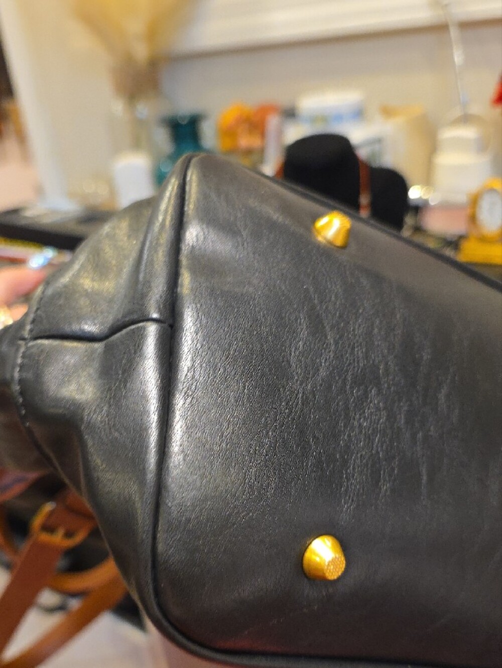 Spacious Black Tote with Tan Interior and Straps - Picture 7 of 8
